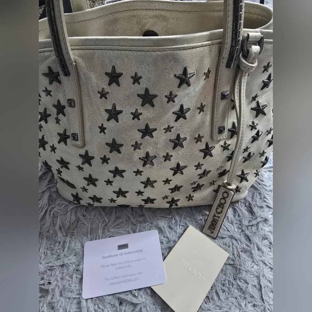 Jimmy Choo Cream Shimmer Star-Studded Nylon W/ Suade Shoulder Bag (EUC)COA CARD✨ - Picture 13 of 14